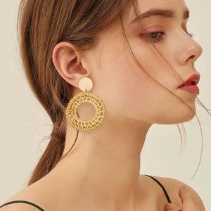 Wicker Rattan Dangle Earrings with Gold Stud